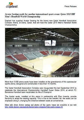 Avatar Seating ready for another international sports event: Qatar 2015 IHF Men?s Handball World Championship