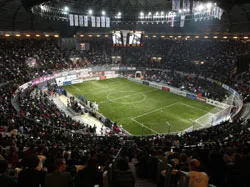 Indoor football tournament on Desso Mobile : a transportable sports pitch which can be easily dis- and assembled