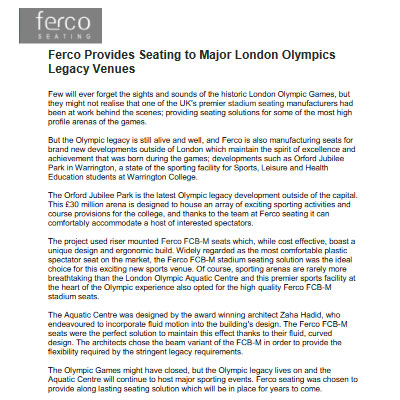 Ferco Provides Seating to Major London Olympics Legacy Venues