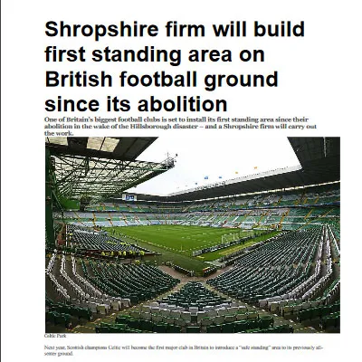 Shropshire firm will build first standing area on British football ground since its abolition
