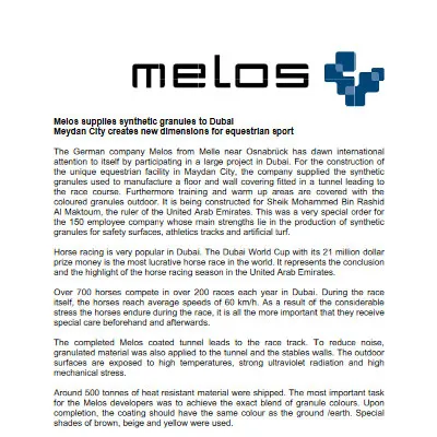 Melos supplies synthetic granules to Dubai Meydan City Creates new dimensions for equestrian sport