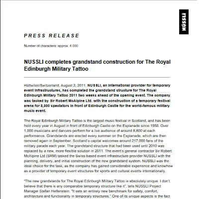 NUSSLI completes grandstand construction for The Royal Edinburgh Military Tattoo