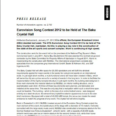 Eurovision Song Contest 2012 to be Held at The Baku Crystal Hall